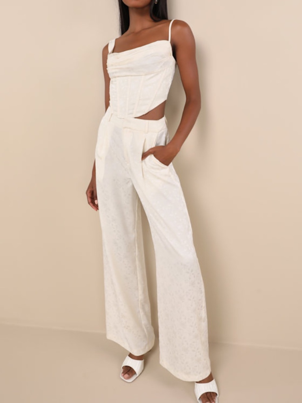 Ivory Satin High-rise Trousers & Top  - Size M